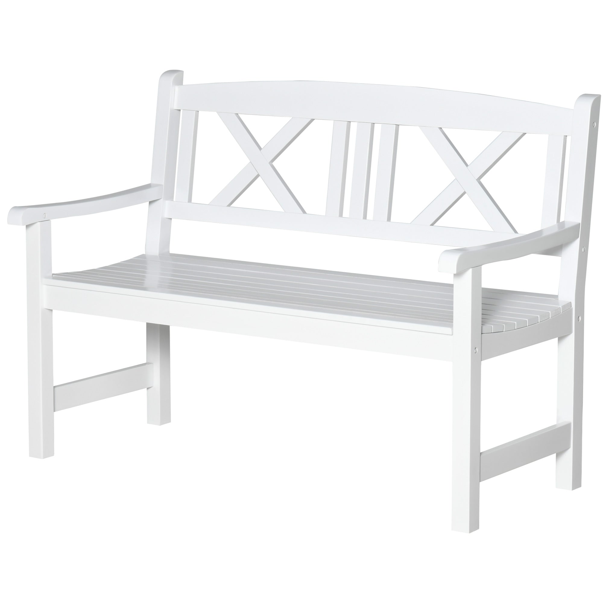 2-Seater Wooden Garden Bench, 4FT X-Shape Back Outdoor Patio Loveseat, White-DECOROLALA