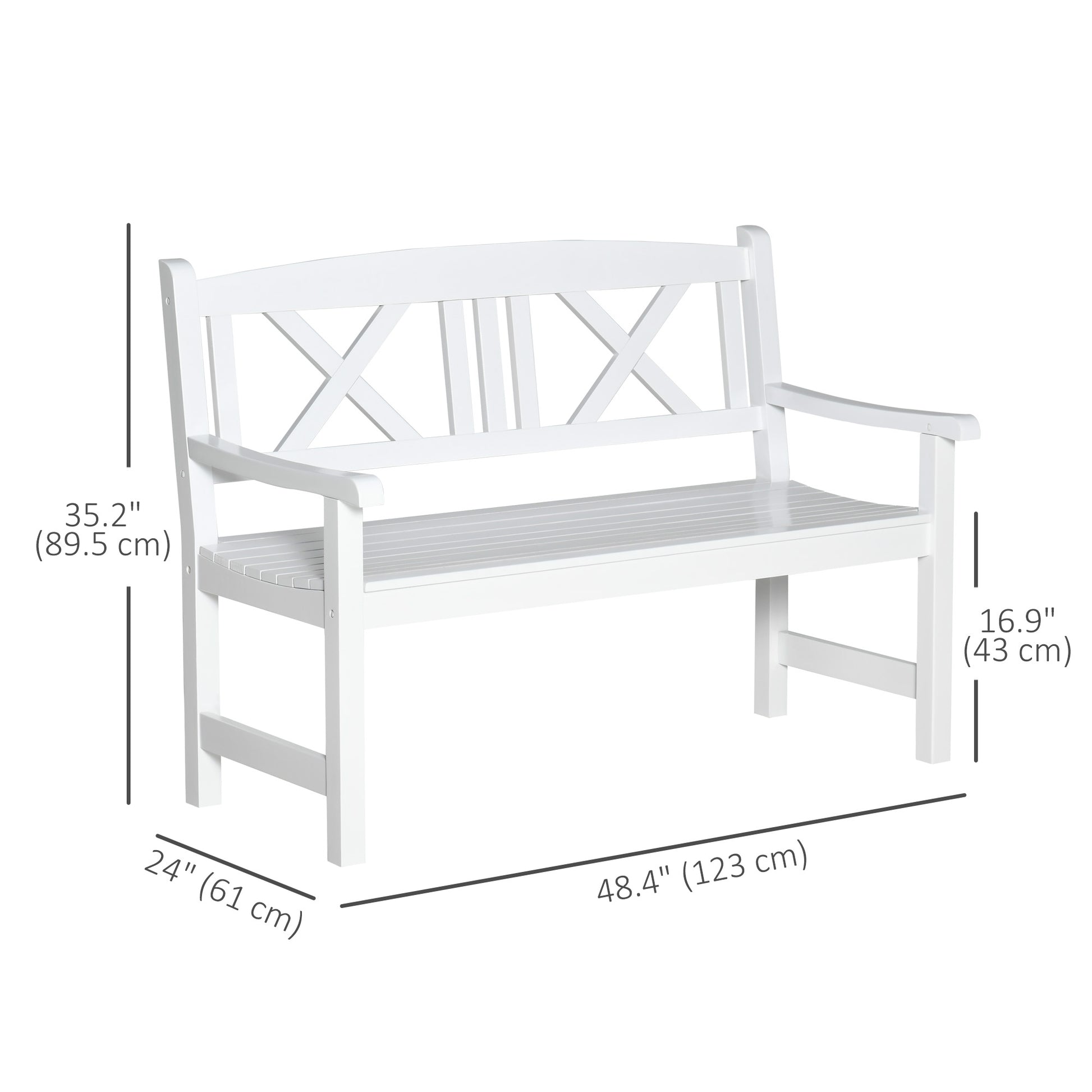 2-Seater Wooden Garden Bench, 4FT X-Shape Back Outdoor Patio Loveseat, White-DECOROLALA