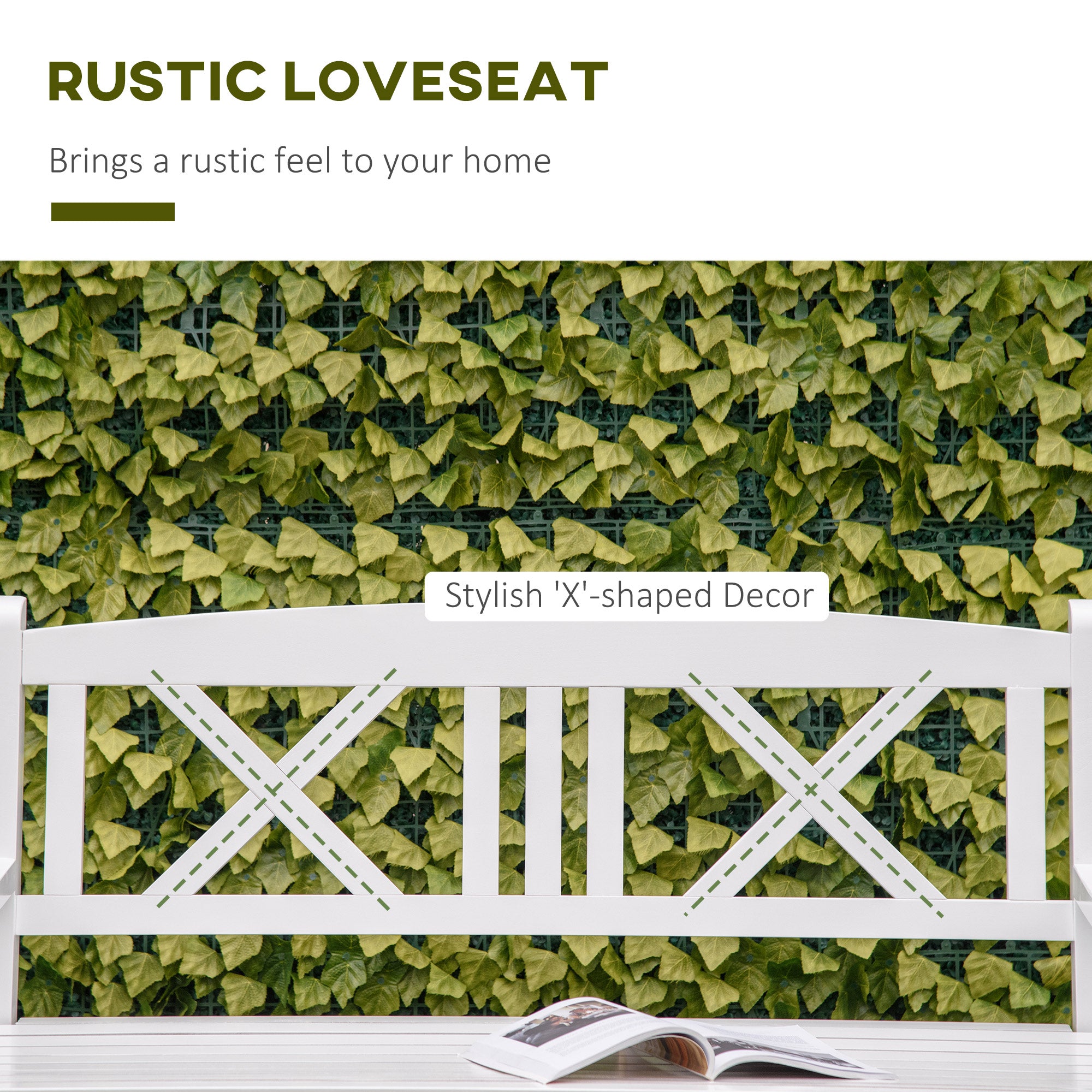 2-Seater Wooden Garden Bench, 4FT X-Shape Back Outdoor Patio Loveseat, White-DECOROLALA