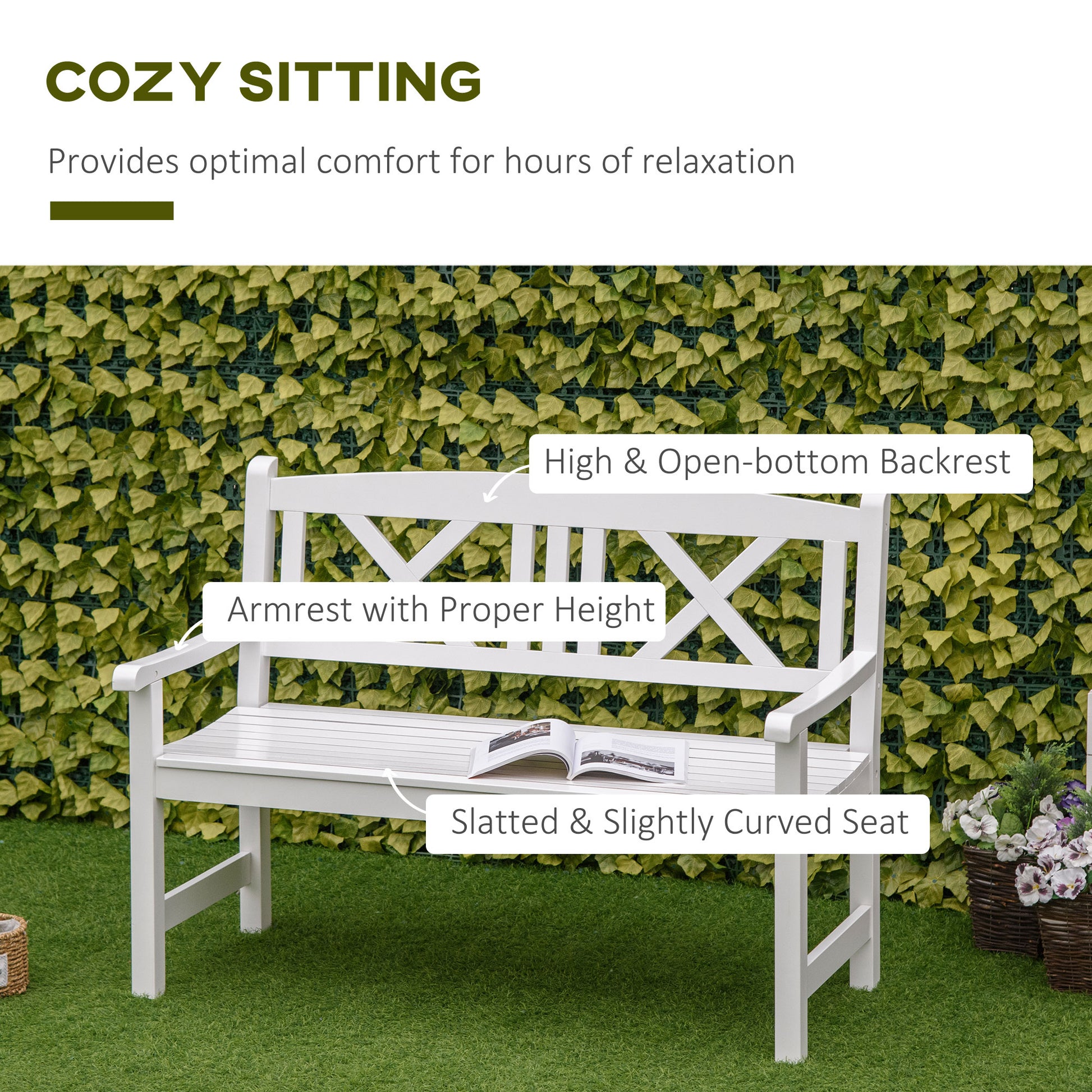 2-Seater Wooden Garden Bench, 4FT X-Shape Back Outdoor Patio Loveseat, White-DECOROLALA