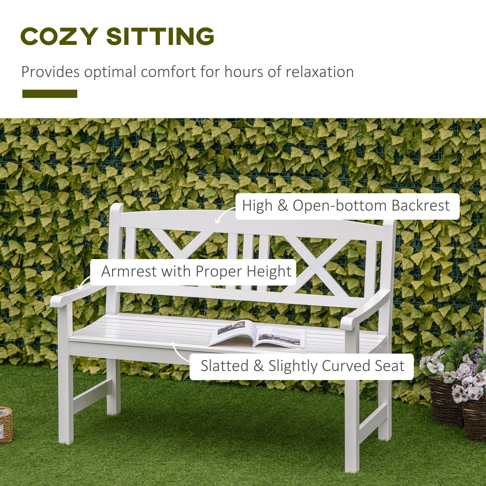 2-Seater Wooden Garden Bench, 4FT X-Shape Back Outdoor Patio Loveseat, White-DECOROLALA