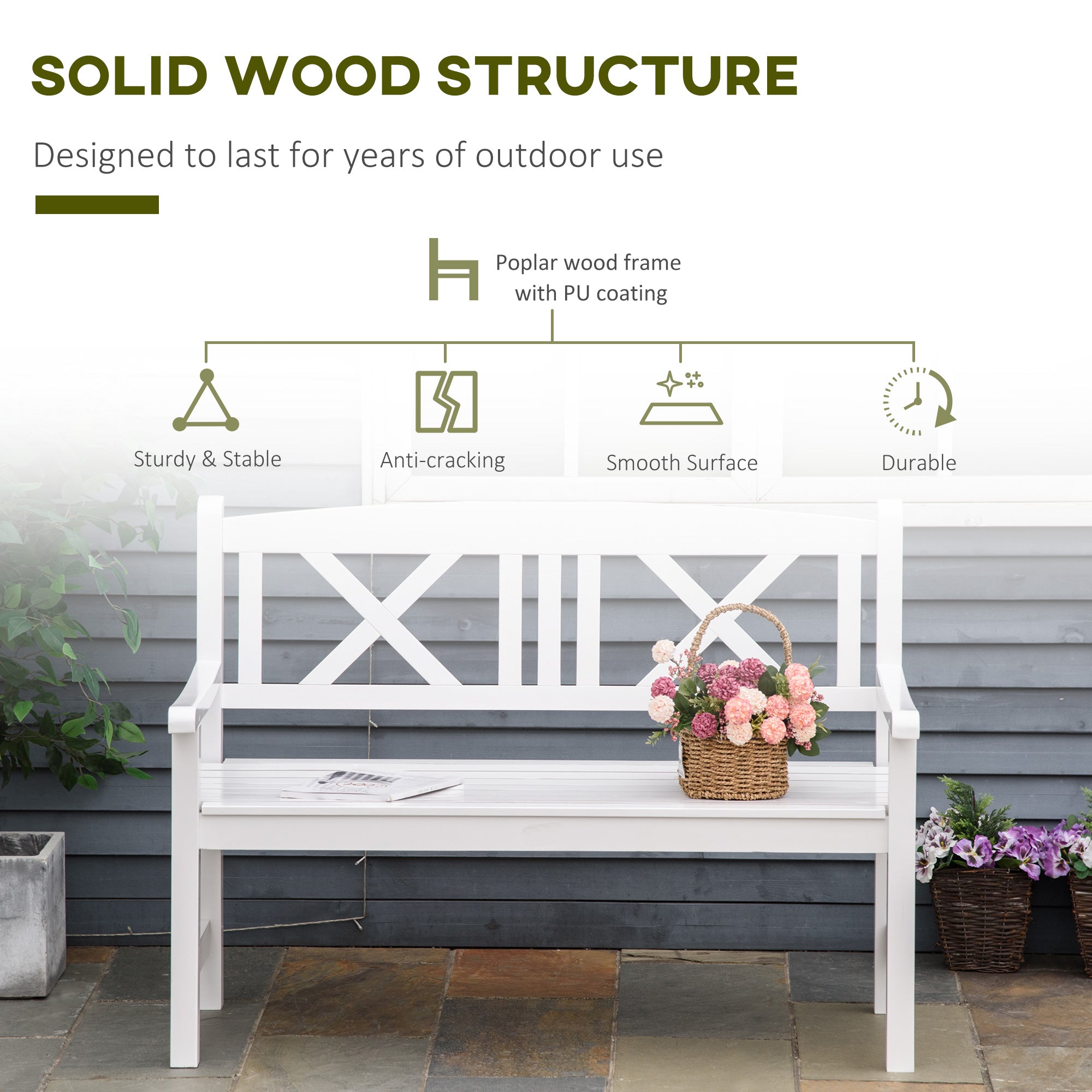 2-Seater Wooden Garden Bench, 4FT X-Shape Back Outdoor Patio Loveseat, White-DECOROLALA
