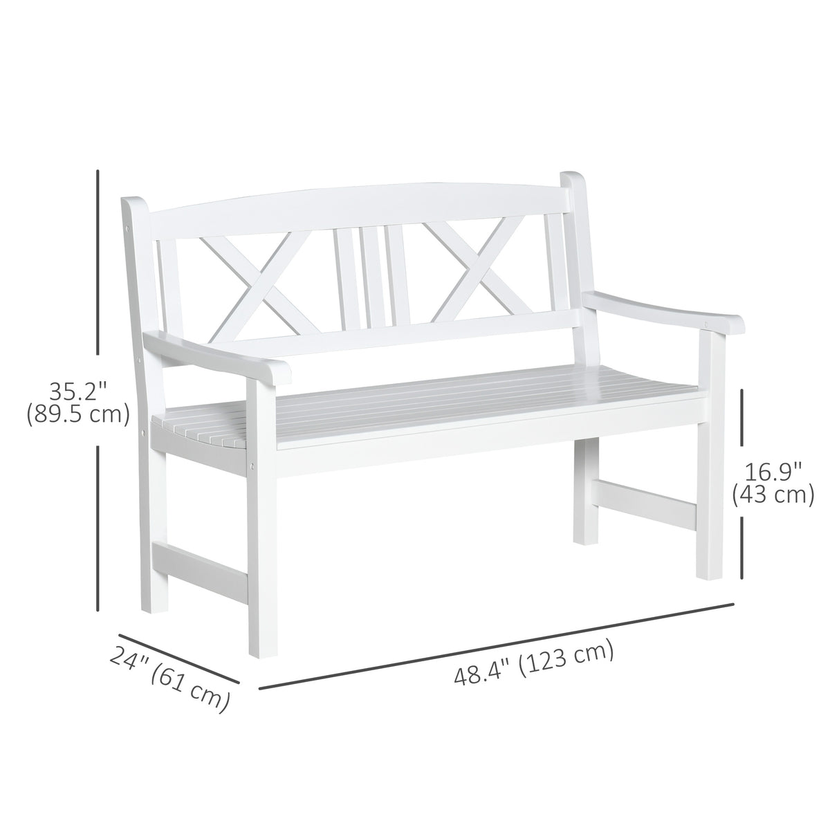2-Seater Wooden Garden Bench, 4FT X-Shape Back Outdoor Patio Loveseat, White-Outdoor Benches-DECOROLALA