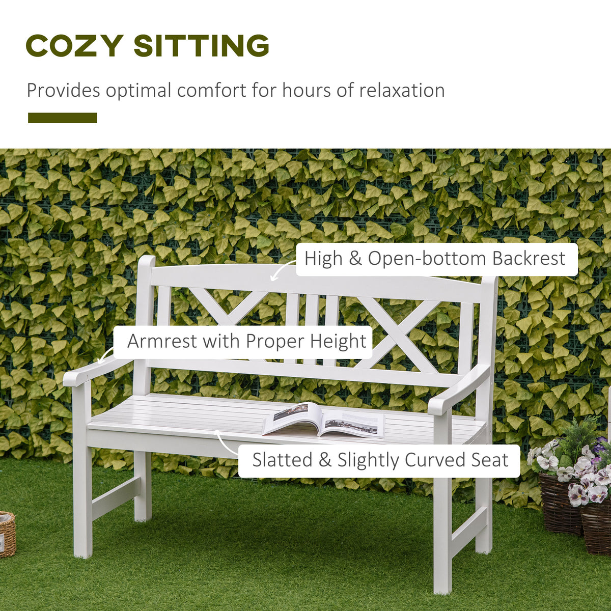 2-Seater Wooden Garden Bench, 4FT X-Shape Back Outdoor Patio Loveseat, White-Outdoor Benches-DECOROLALA
