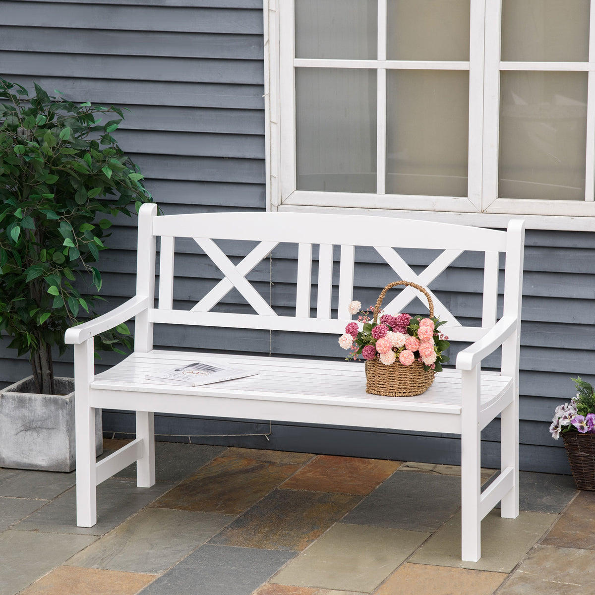 2-Seater Wooden Garden Bench, 4FT X-Shape Back Outdoor Patio Loveseat, White-Outdoor Benches-DECOROLALA