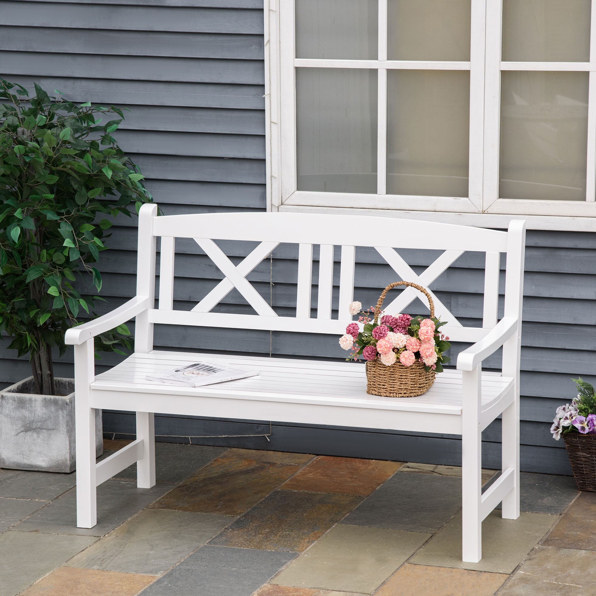 2-Seater Wooden Garden Bench, 4FT X-Shape Back Outdoor Patio Loveseat, White-DECOROLALA