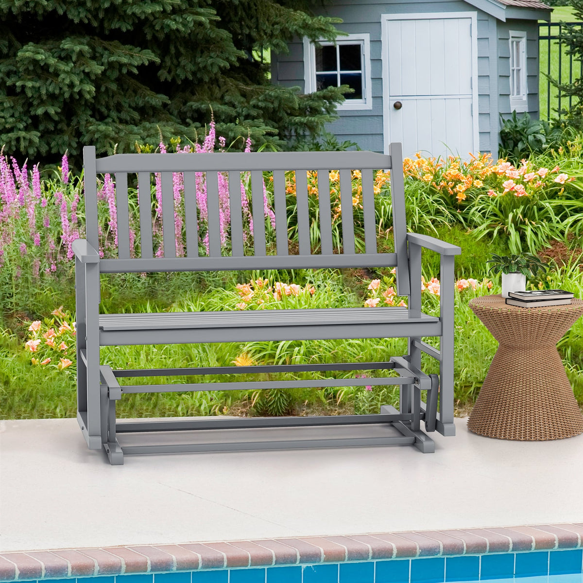 2 Seats Outdoor Glider Bench with Armrests and Slatted Seat-Gray-Outdoor Rocking Chairs & Gliders-DECOROLALA