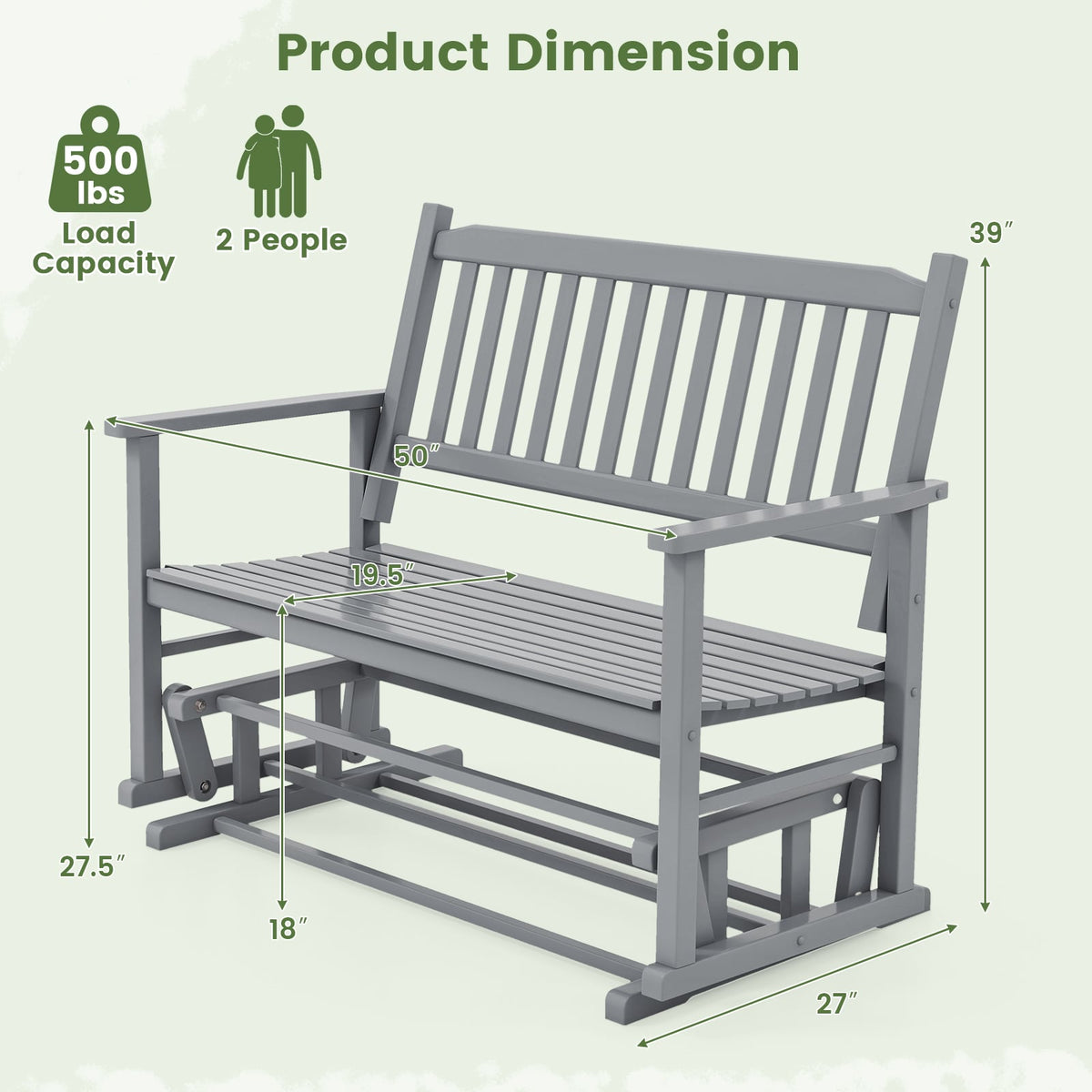 2 Seats Outdoor Glider Bench with Armrests and Slatted Seat-Gray-Outdoor Rocking Chairs & Gliders-DECOROLALA