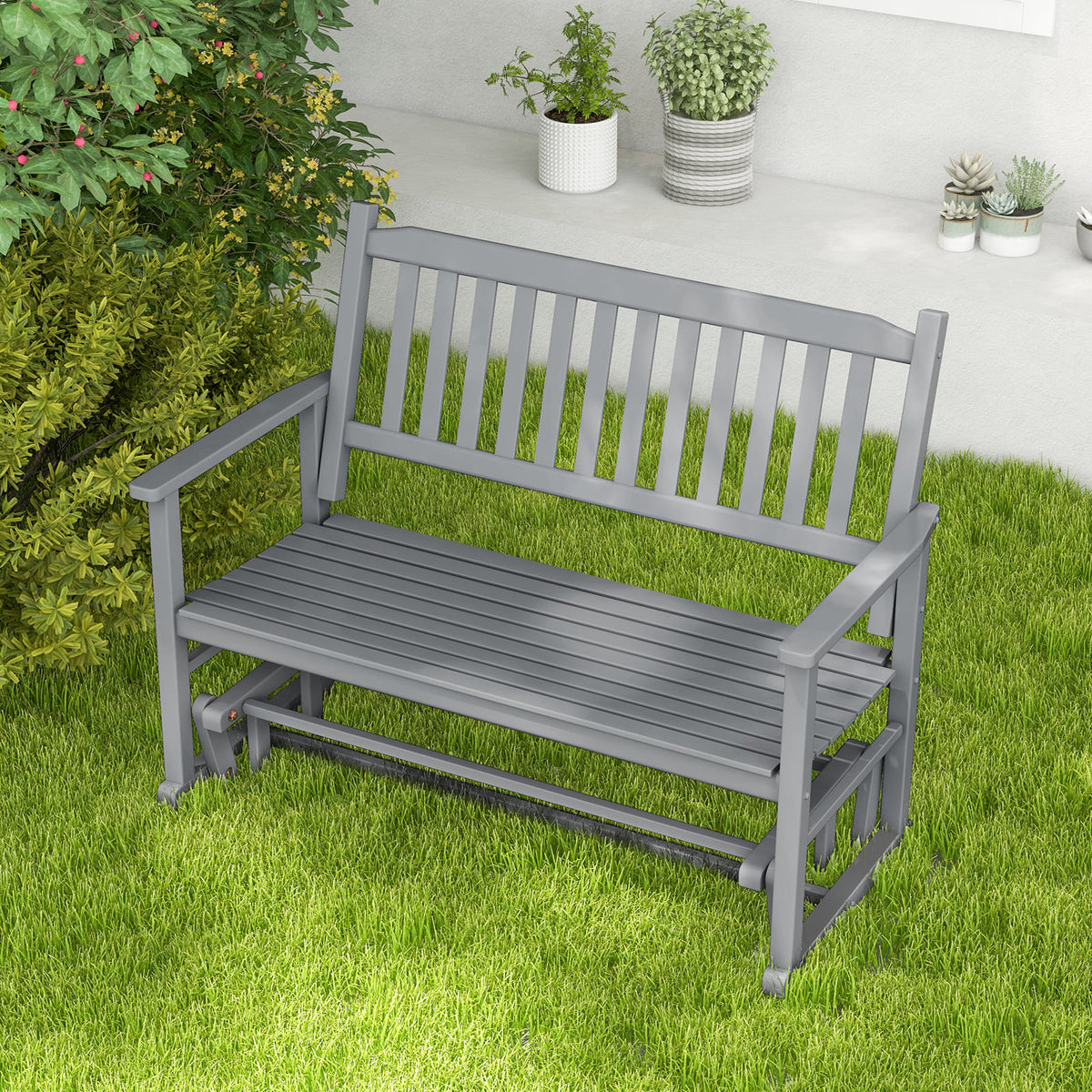 2 Seats Outdoor Glider Bench with Armrests and Slatted Seat-Gray-Outdoor Rocking Chairs & Gliders-DECOROLALA