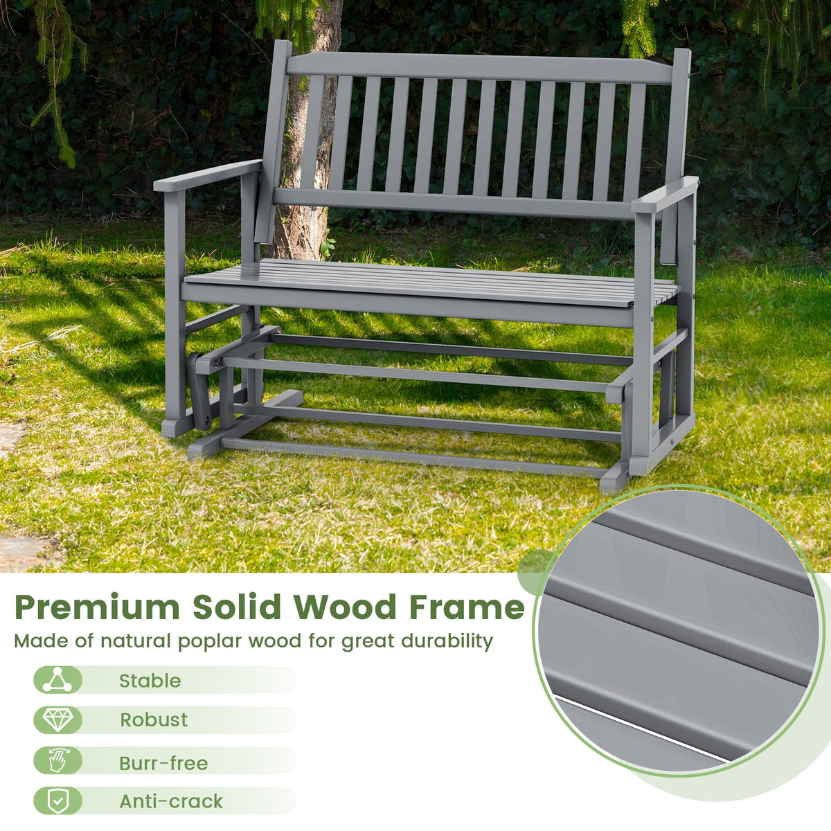 2 Seats Outdoor Glider Bench with Armrests and Slatted Seat-Gray-Outdoor Rocking Chairs & Gliders-DECOROLALA