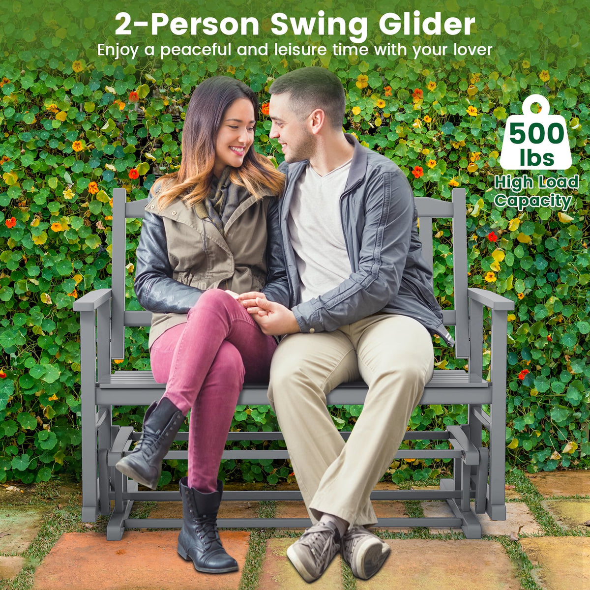 2 Seats Outdoor Glider Bench with Armrests and Slatted Seat-Gray-Outdoor Rocking Chairs & Gliders-DECOROLALA