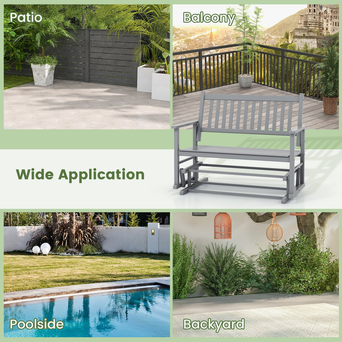 2 Seats Outdoor Glider Bench with Armrests and Slatted Seat-Gray-Outdoor Rocking Chairs & Gliders-DECOROLALA