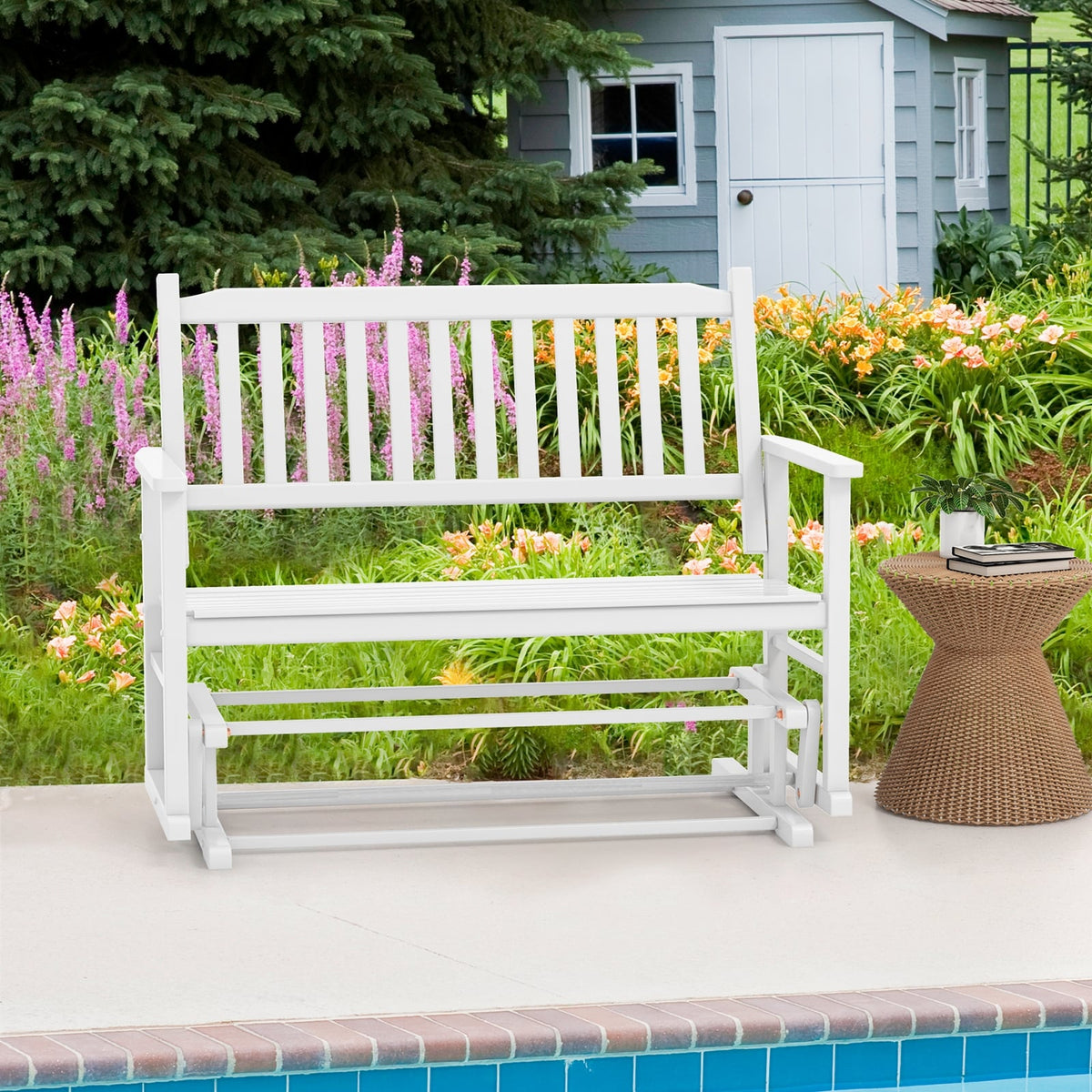 2 Seats Outdoor Glider Bench with Armrests and Slatted Seat-White-Outdoor Rocking Chairs & Gliders-DECOROLALA