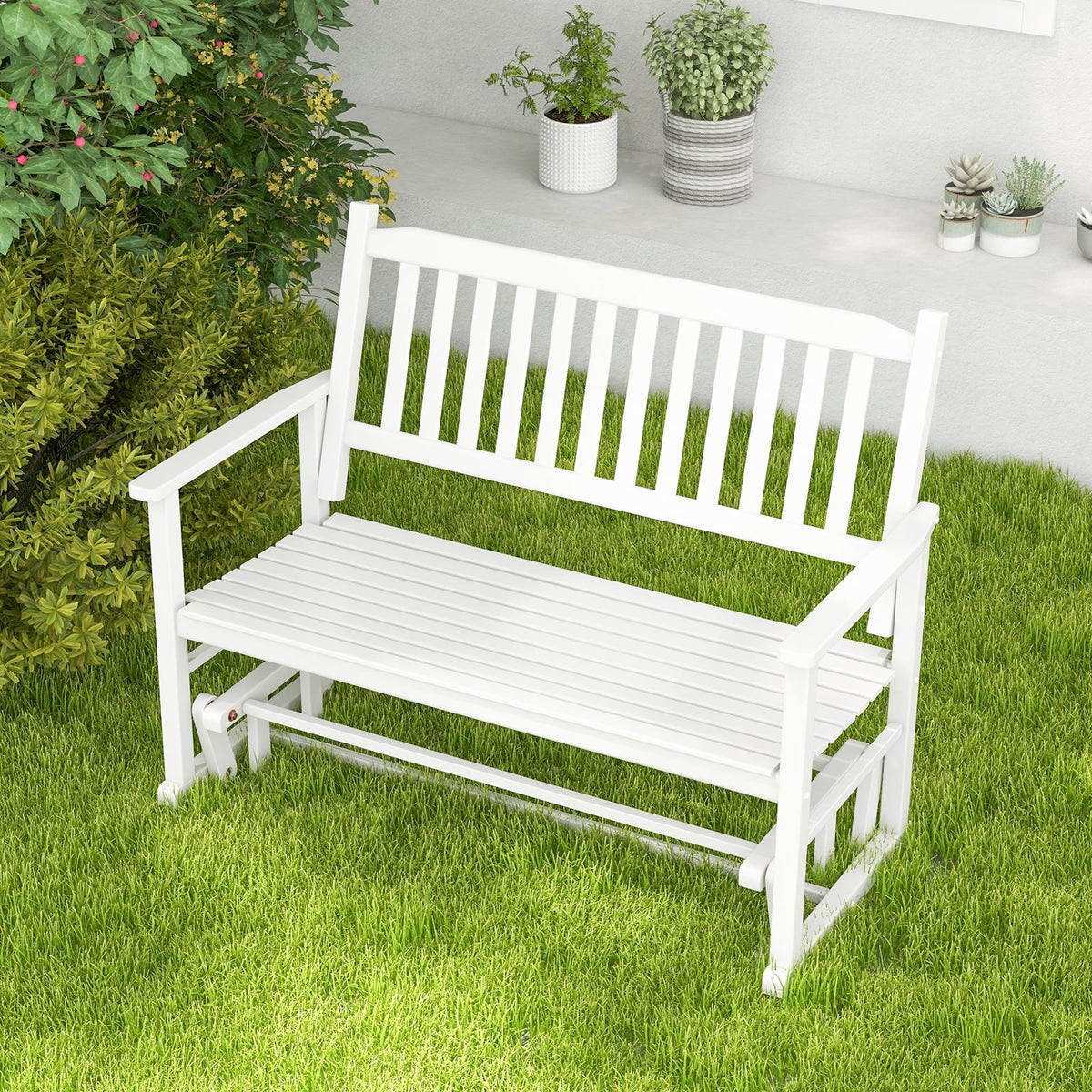2 Seats Outdoor Glider Bench with Armrests and Slatted Seat-White-Outdoor Rocking Chairs & Gliders-DECOROLALA
