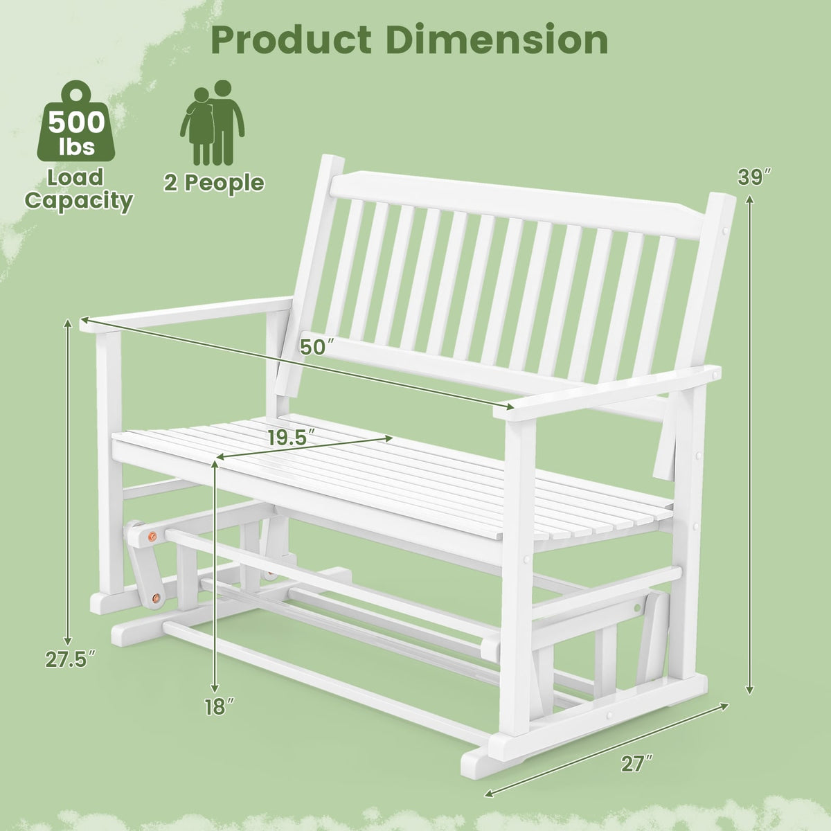 2 Seats Outdoor Glider Bench with Armrests and Slatted Seat-White-Outdoor Rocking Chairs & Gliders-DECOROLALA