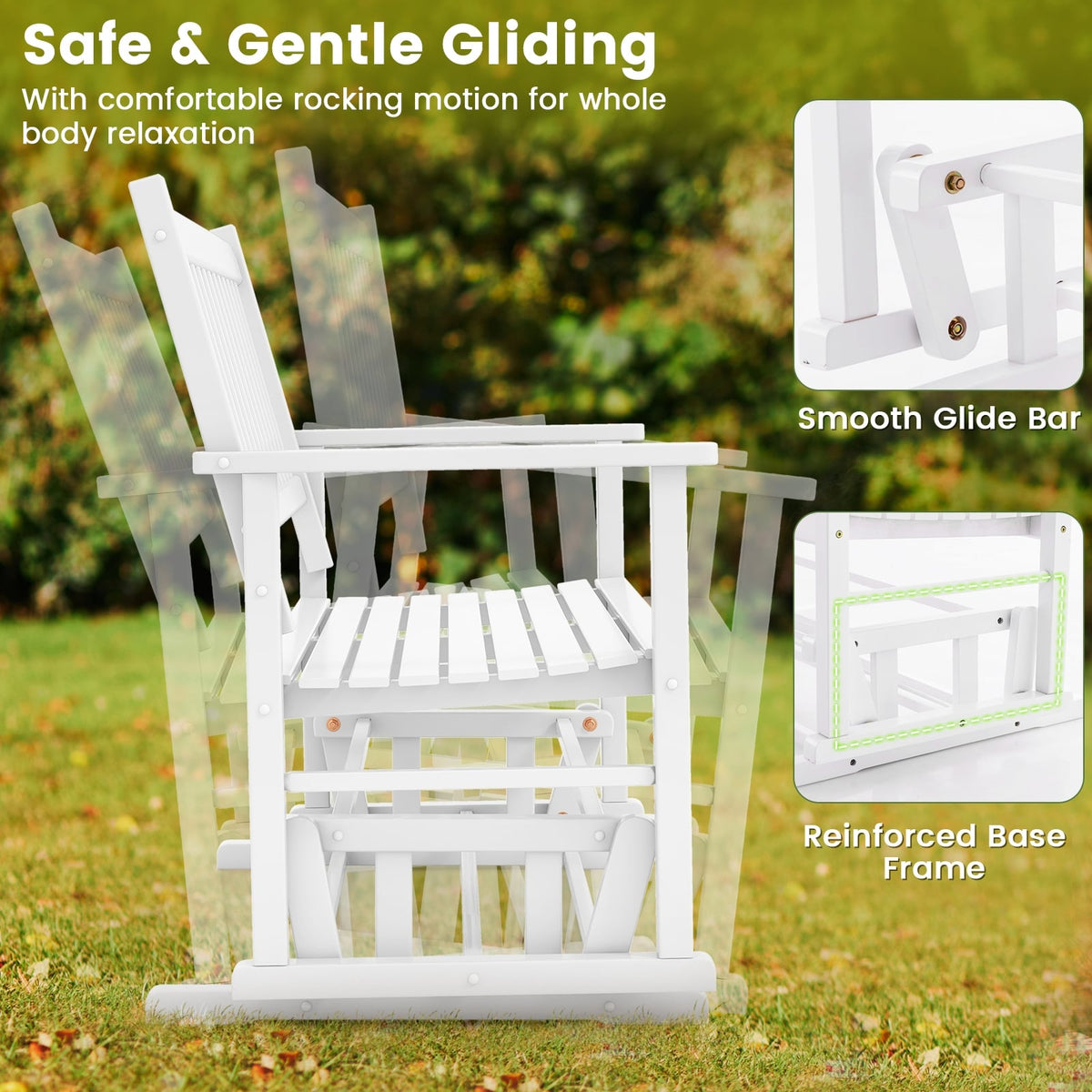 2 Seats Outdoor Glider Bench with Armrests and Slatted Seat-White-Outdoor Rocking Chairs & Gliders-DECOROLALA