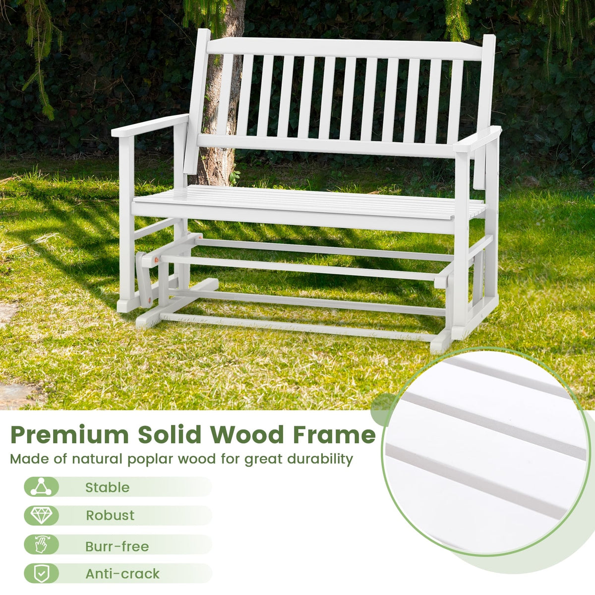 2 Seats Outdoor Glider Bench with Armrests and Slatted Seat-White-Outdoor Rocking Chairs & Gliders-DECOROLALA