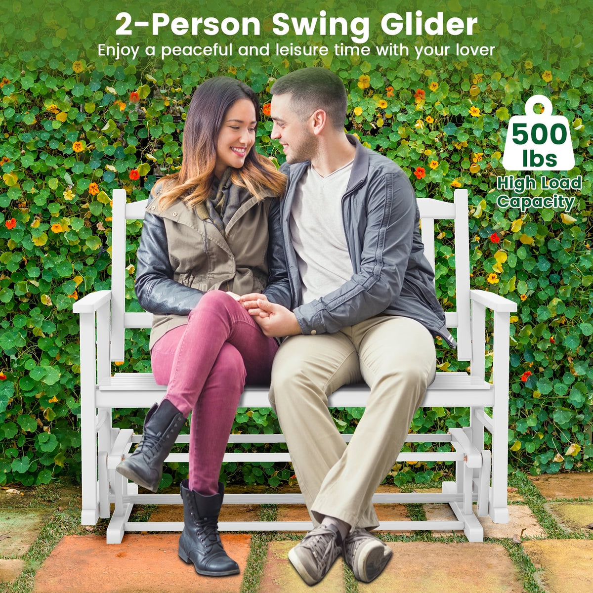 2 Seats Outdoor Glider Bench with Armrests and Slatted Seat-White-Outdoor Rocking Chairs & Gliders-DECOROLALA