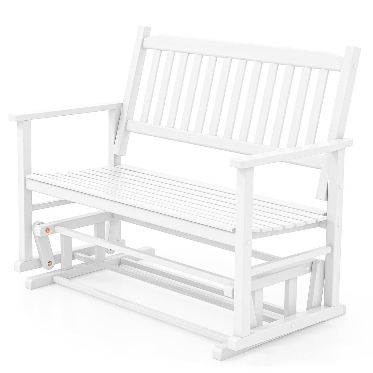 2 Seats Outdoor Glider Bench with Armrests and Slatted Seat-White-Outdoor Rocking Chairs & Gliders-DECOROLALA