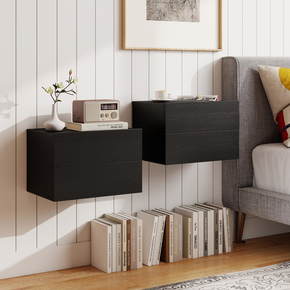 2 Storage Drawers Wall Mounted Floating Nightstand for Bedroom-Black-Nightstands-DECOROLALA
