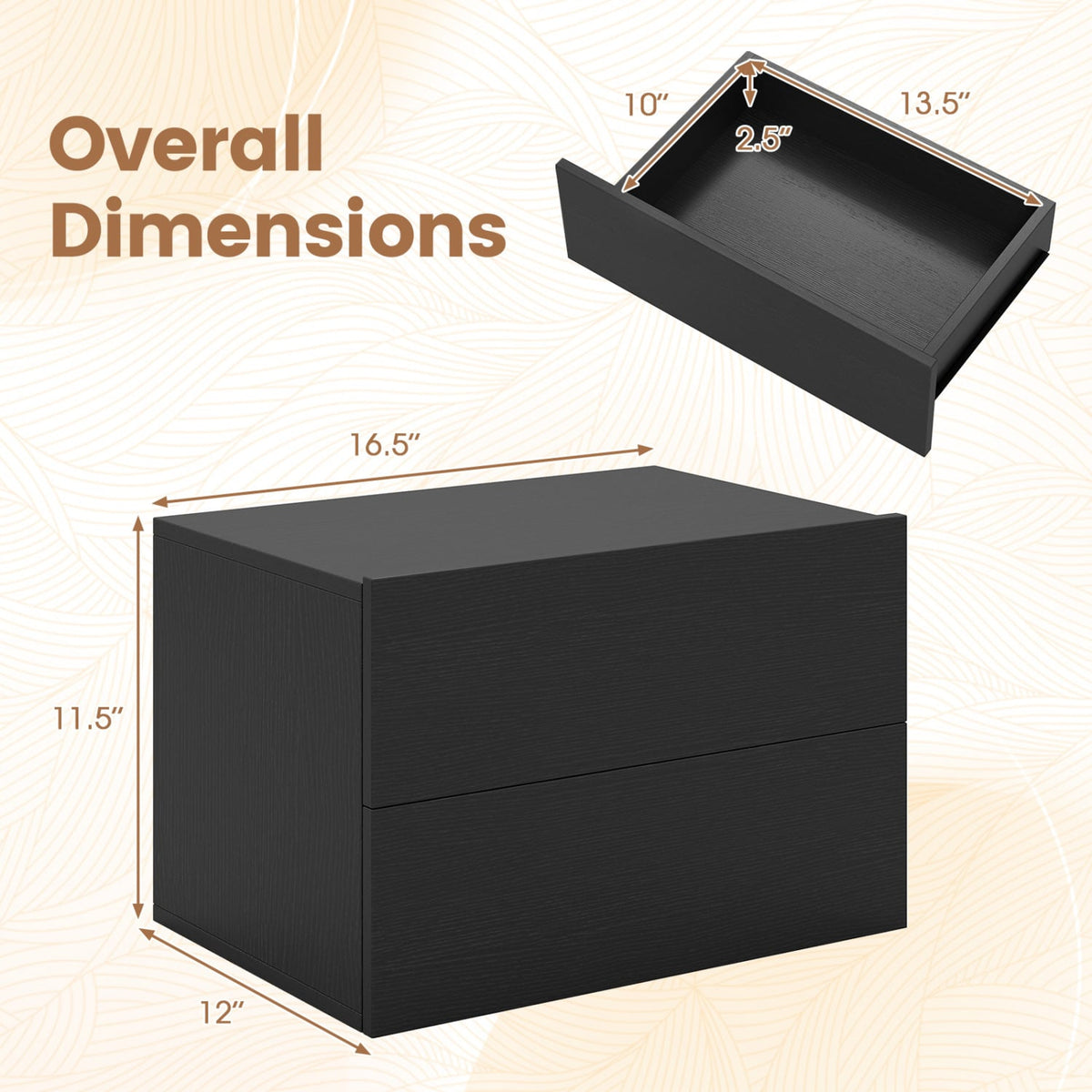 2 Storage Drawers Wall Mounted Floating Nightstand for Bedroom-Black-Nightstands-DECOROLALA