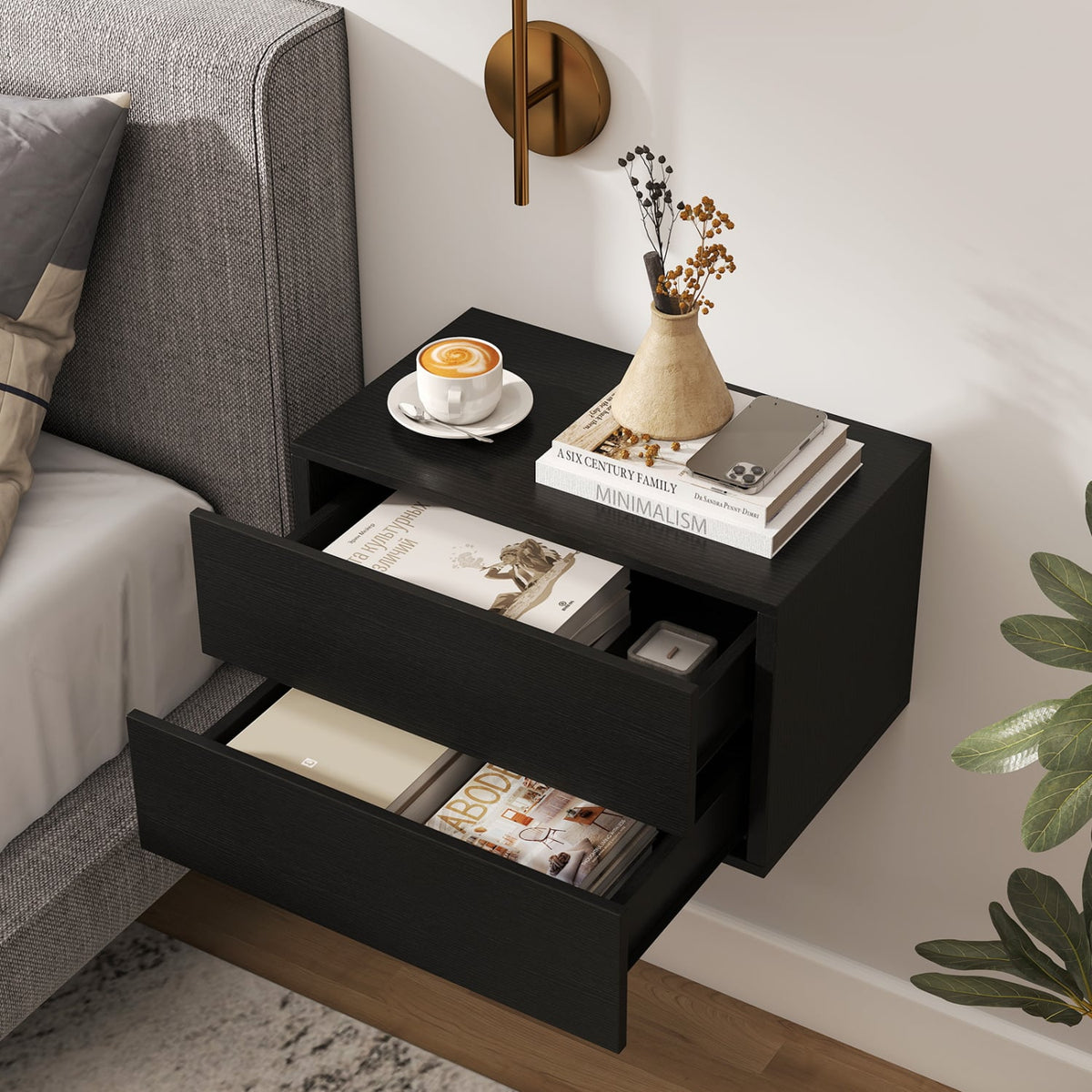 2 Storage Drawers Wall Mounted Floating Nightstand for Bedroom-Black-Nightstands-DECOROLALA
