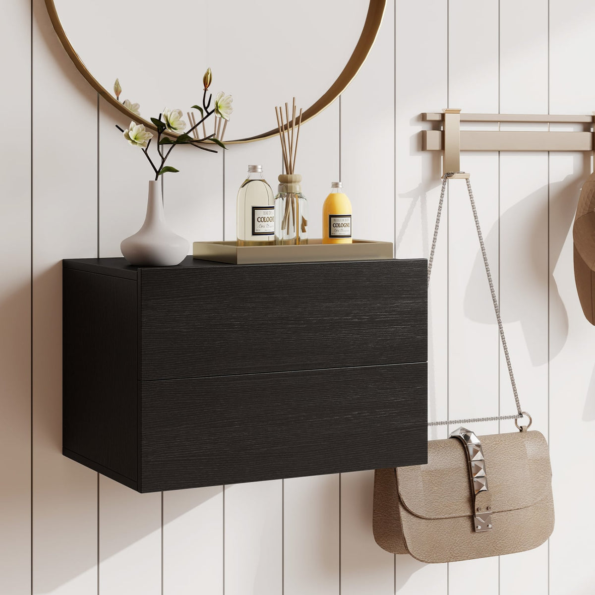 2 Storage Drawers Wall Mounted Floating Nightstand for Bedroom-Black-Nightstands-DECOROLALA