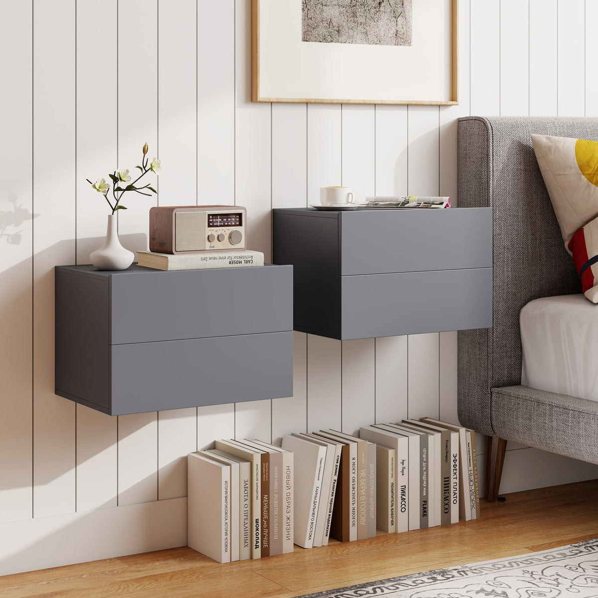 2 Storage Drawers Wall Mounted Floating Nightstand for Bedroom-Gray-Nightstands-DECOROLALA