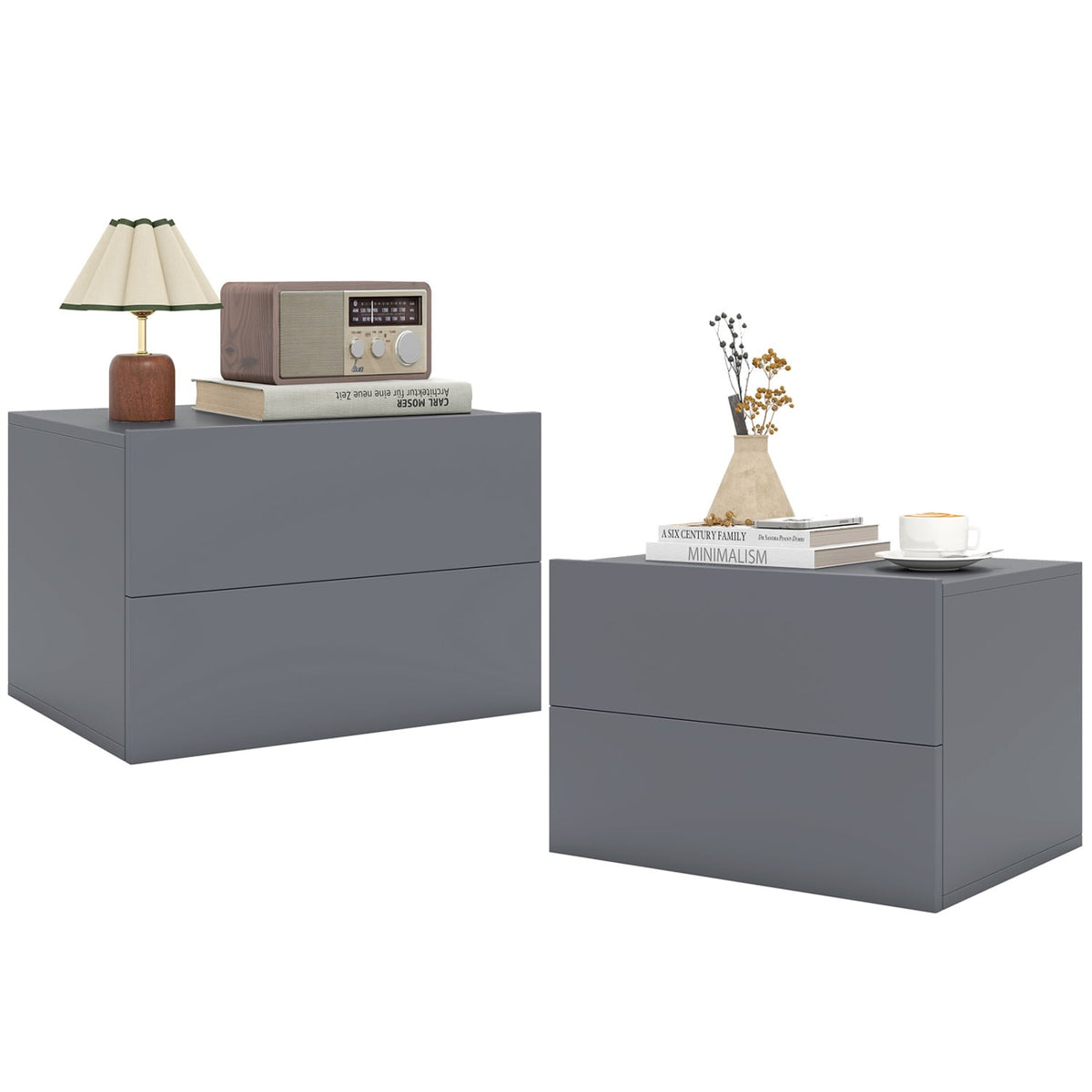 2 Storage Drawers Wall Mounted Floating Nightstand for Bedroom-Gray-Nightstands-DECOROLALA