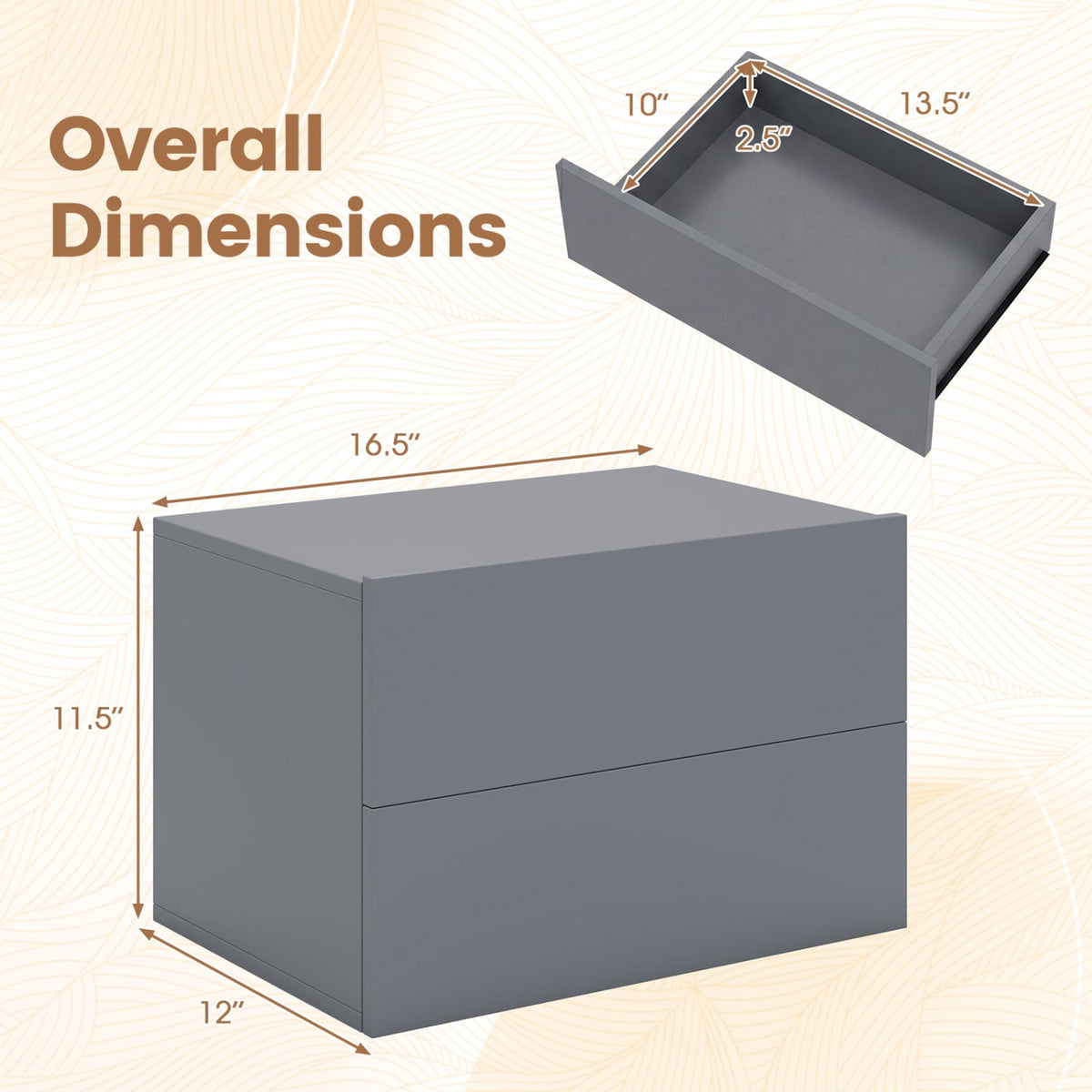 2 Storage Drawers Wall Mounted Floating Nightstand for Bedroom-Gray-Nightstands-DECOROLALA