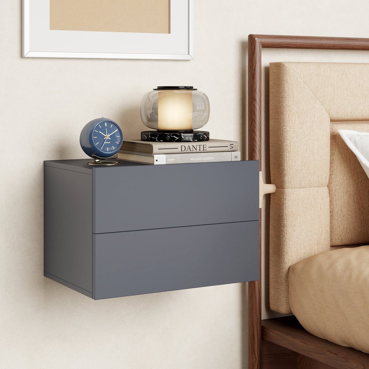 2 Storage Drawers Wall Mounted Floating Nightstand for Bedroom-Gray-Nightstands-DECOROLALA