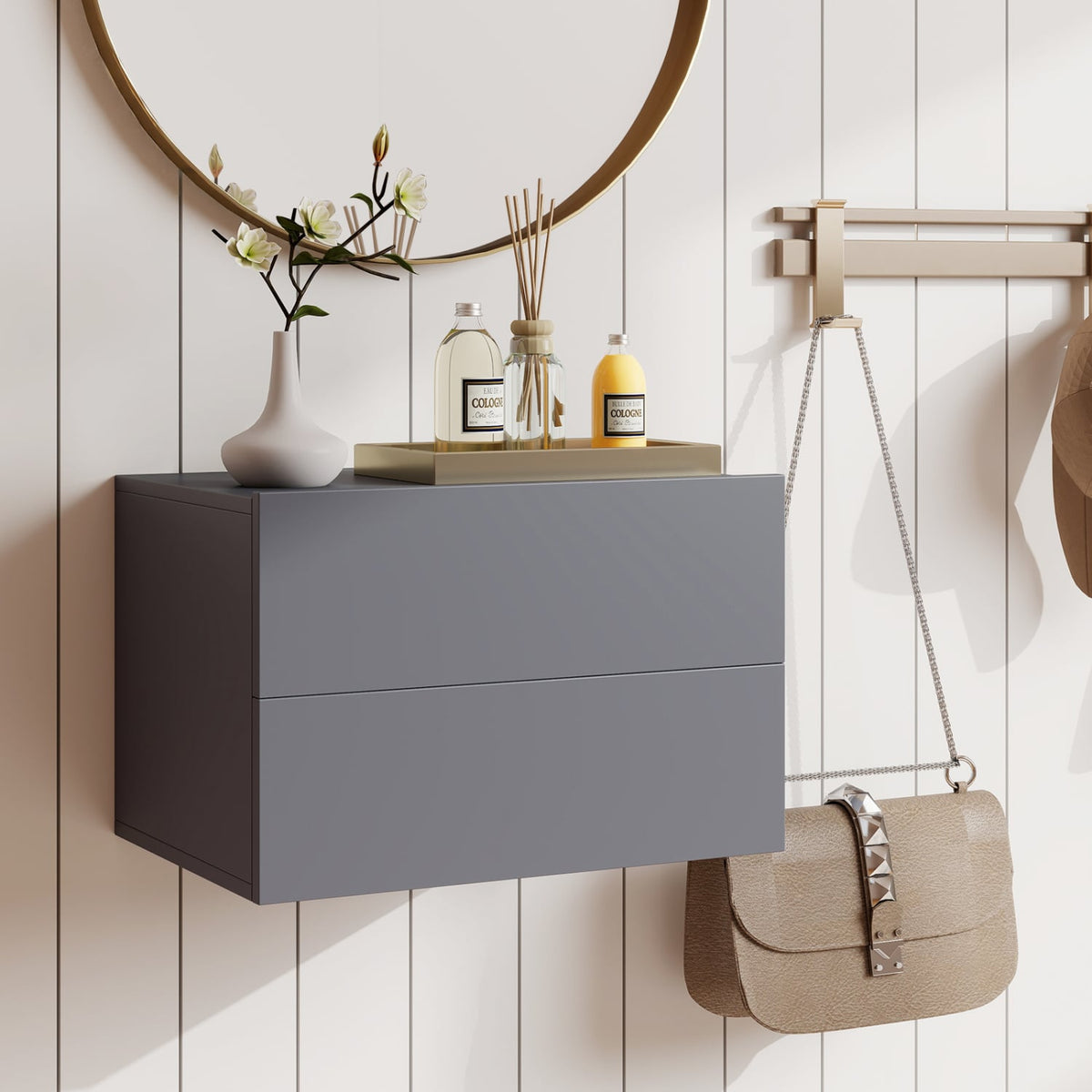 2 Storage Drawers Wall Mounted Floating Nightstand for Bedroom-Gray-Nightstands-DECOROLALA
