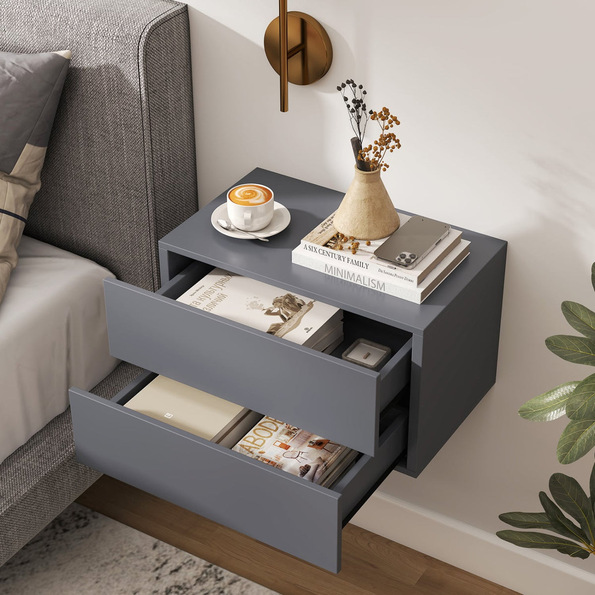 2 Storage Drawers Wall Mounted Floating Nightstand for Bedroom-Gray-Nightstands-DECOROLALA