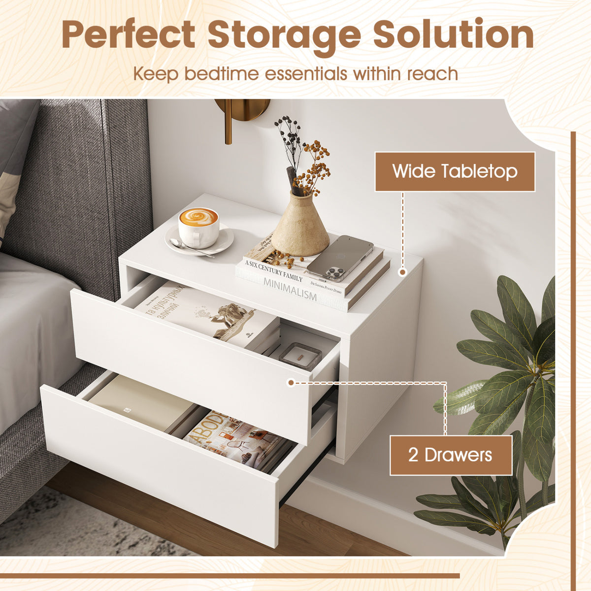 2 Storage Drawers Wall Mounted Floating Nightstand for Bedroom-White-Nightstands-DECOROLALA