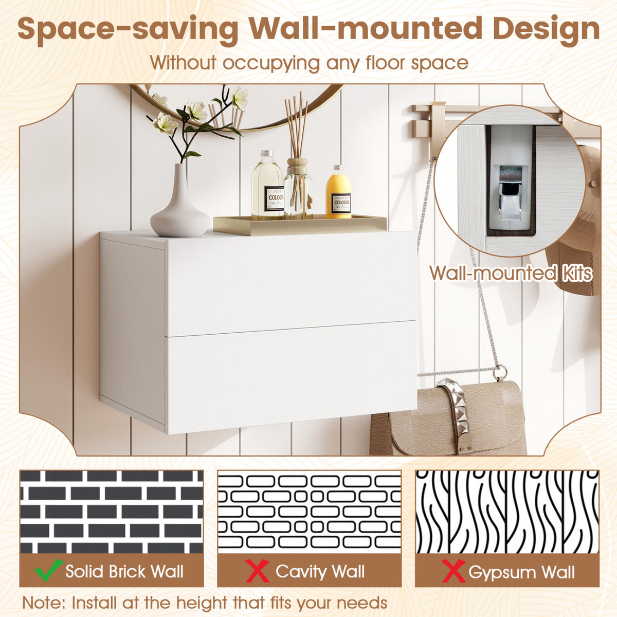 2 Storage Drawers Wall Mounted Floating Nightstand for Bedroom-White-Nightstands-DECOROLALA