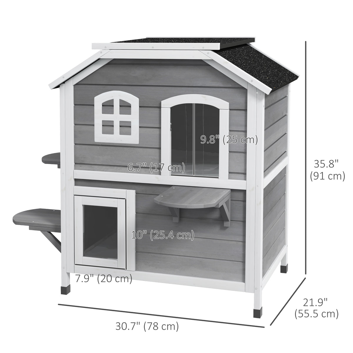 2-Storey Wooden Outdoor Cat House - Grey 40" Weatherproof Catio-Cats-DECOROLALA