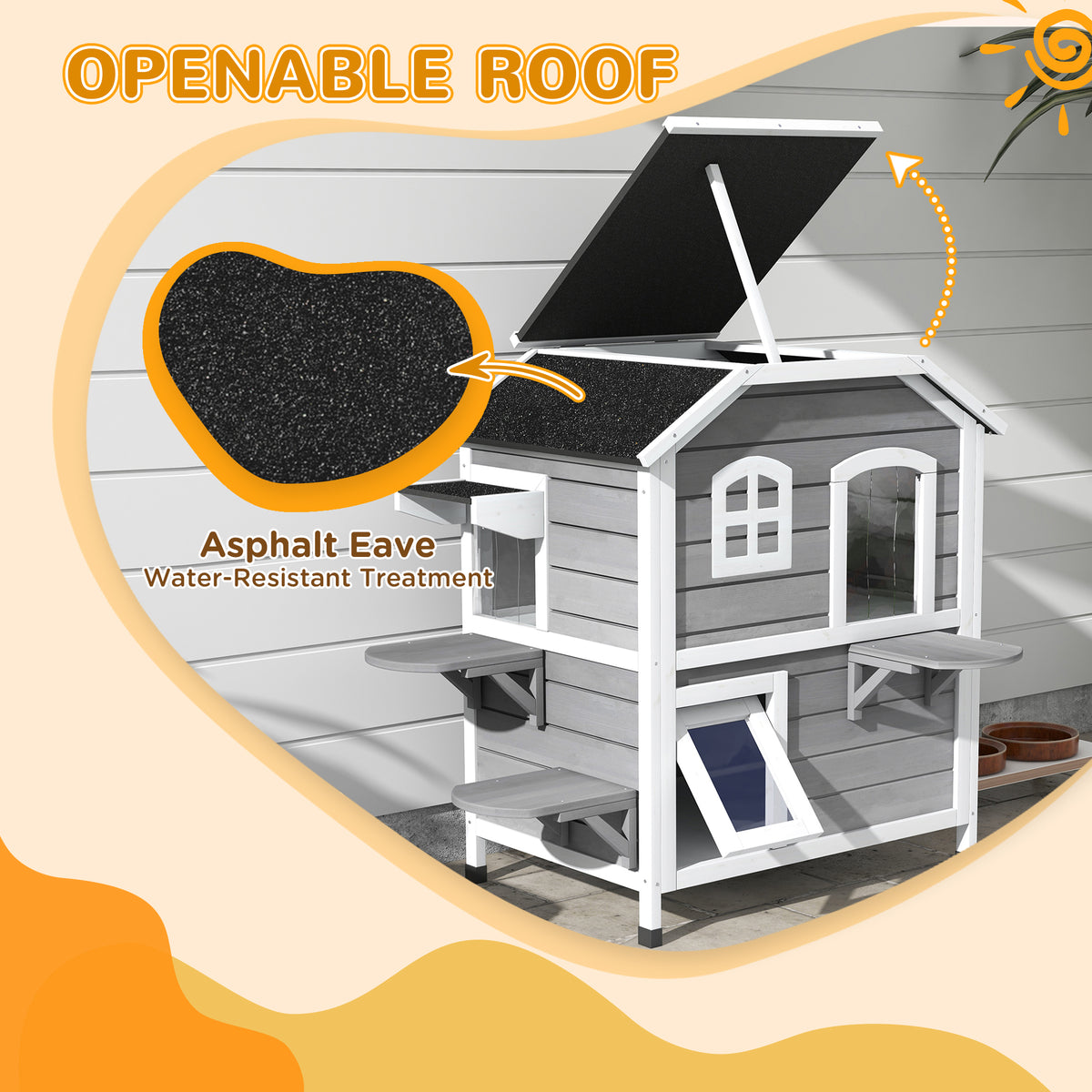 2-Storey Wooden Outdoor Cat House - Grey 40" Weatherproof Catio-Cats-DECOROLALA