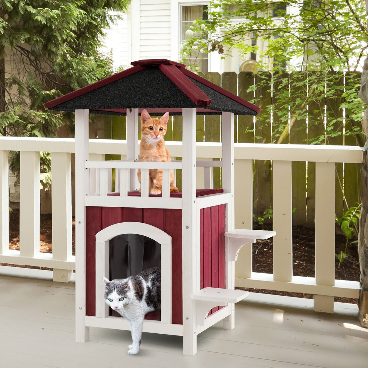 2-Story Wooden Cat House with Asphalt Roof Balcony and Rain Curtain-Red & White-Cat Houses-DECOROLALA