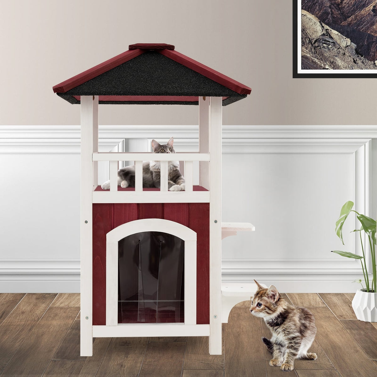 2-Story Wooden Cat House with Asphalt Roof Balcony and Rain Curtain-Red & White-Cat Houses-DECOROLALA