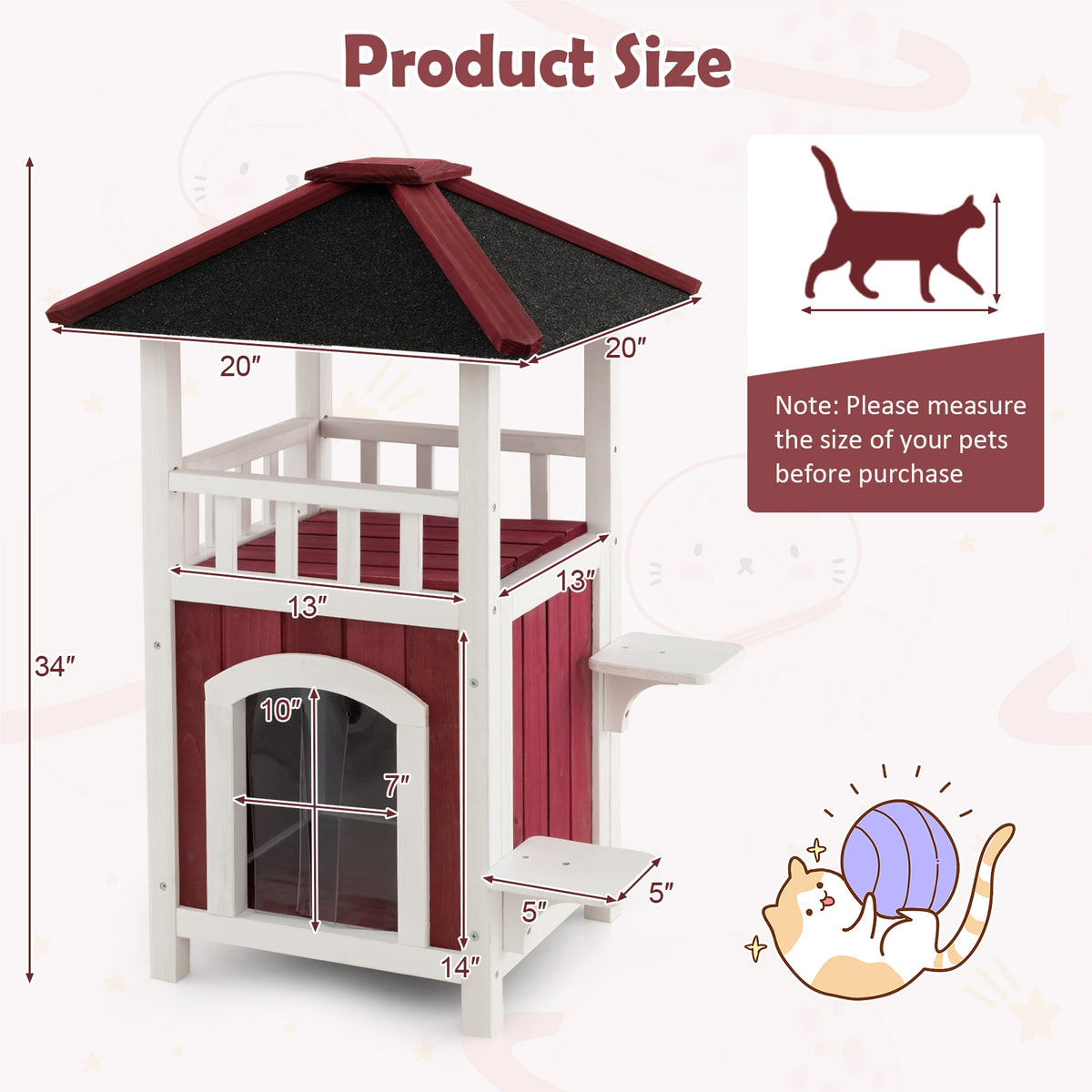 2-Story Wooden Cat House with Asphalt Roof Balcony and Rain Curtain-Red & White-Cat Houses-DECOROLALA