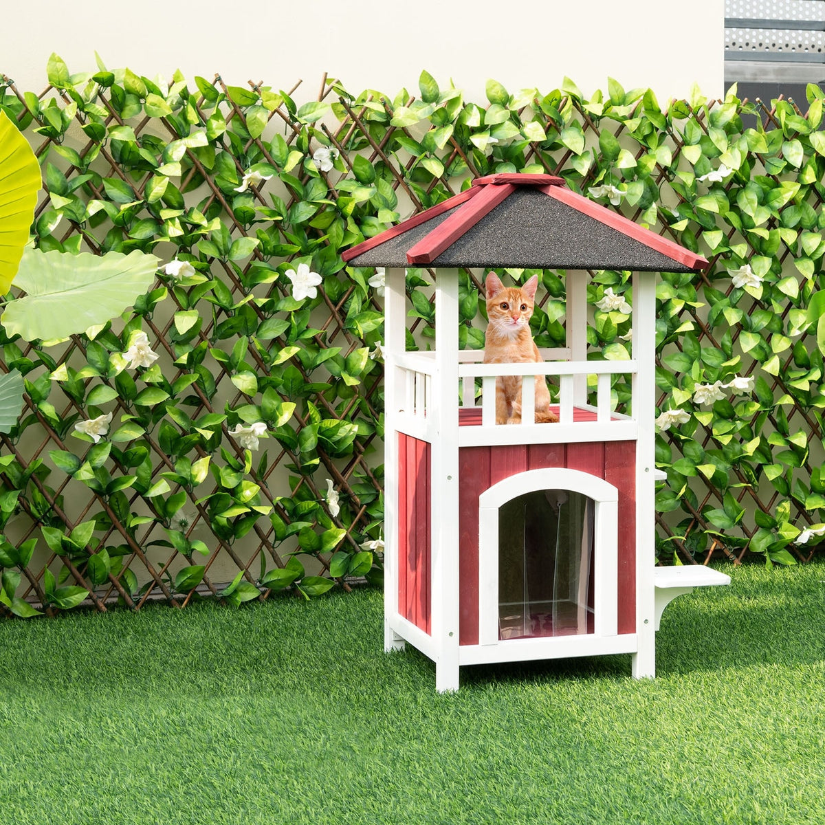 2-Story Wooden Cat House with Asphalt Roof Balcony and Rain Curtain-Red & White-Cat Houses-DECOROLALA