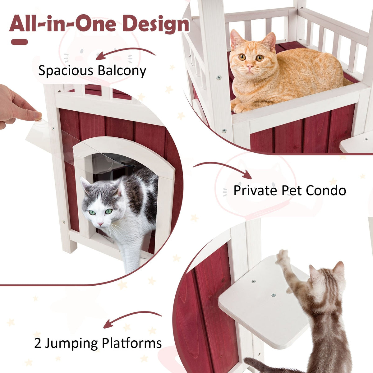 2-Story Wooden Cat House with Asphalt Roof Balcony and Rain Curtain-Red & White-Cat Houses-DECOROLALA