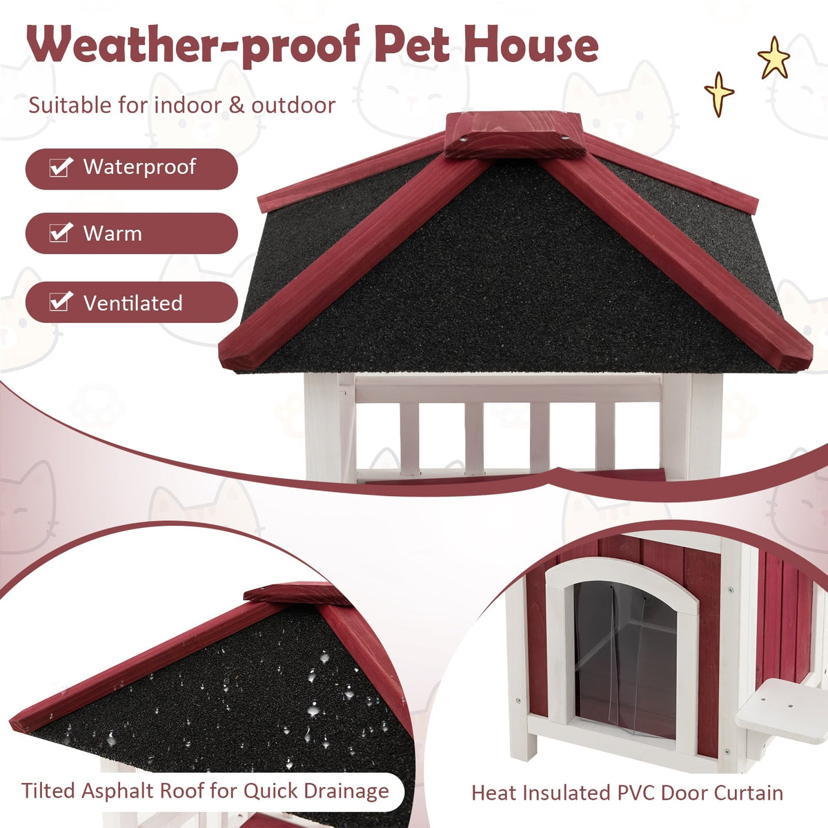 2-Story Wooden Cat House with Asphalt Roof Balcony and Rain Curtain-Red & White-Cat Houses-DECOROLALA