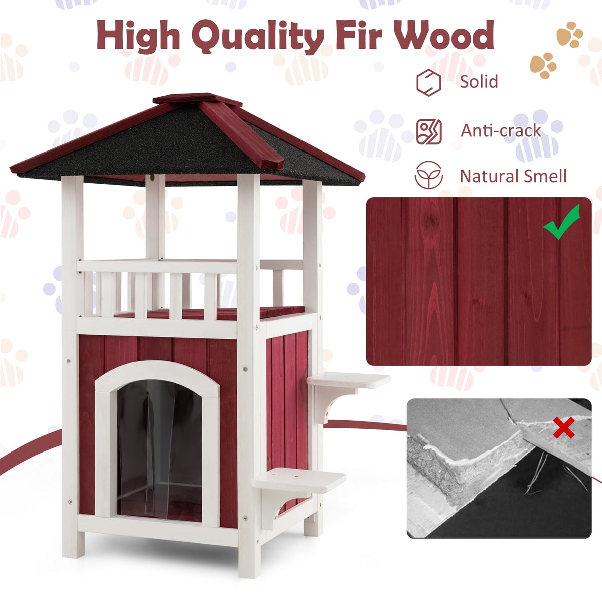 2-Story Wooden Cat House with Asphalt Roof Balcony and Rain Curtain-Red & White-Cat Houses-DECOROLALA