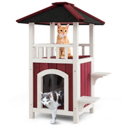 2-Story Wooden Cat House with Asphalt Roof Balcony and Rain Curtain-Red & White-Cat Houses-DECOROLALA