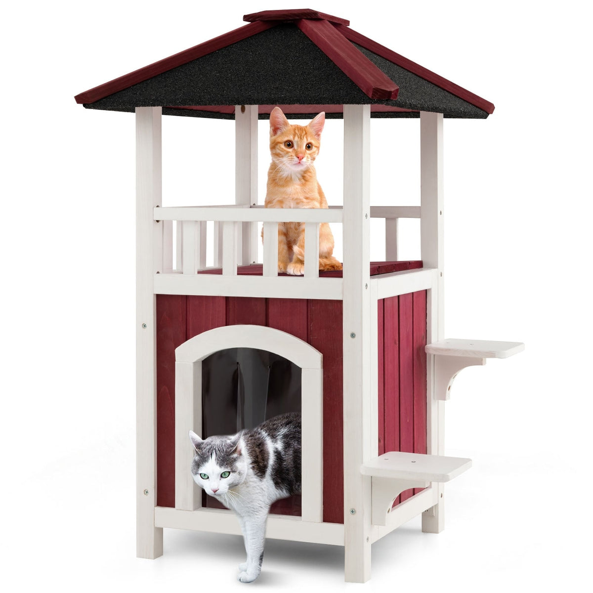 2-Story Wooden Cat House with Asphalt Roof Balcony and Rain Curtain-Red & White-Cat Houses-DECOROLALA