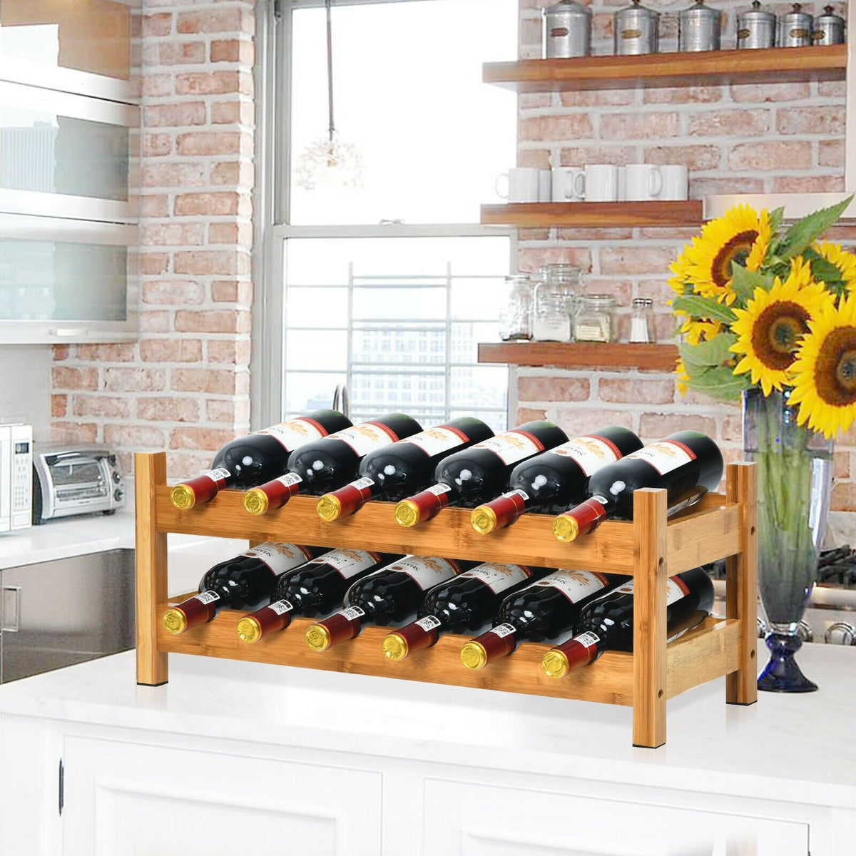 2-Tier 12 Bottles Bamboo Storage Shelf Wine Rack-Natural-Wine Racks-DECOROLALA
