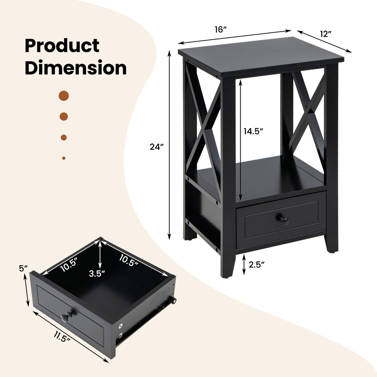 2-Tier 16 x 14 Inch Multifunctional Nightstand with Storage Drawer-Black-Nightstands-DECOROLALA