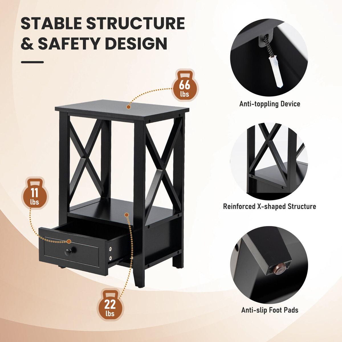 2-Tier 16 x 14 Inch Multifunctional Nightstand with Storage Drawer-Black-Nightstands-DECOROLALA