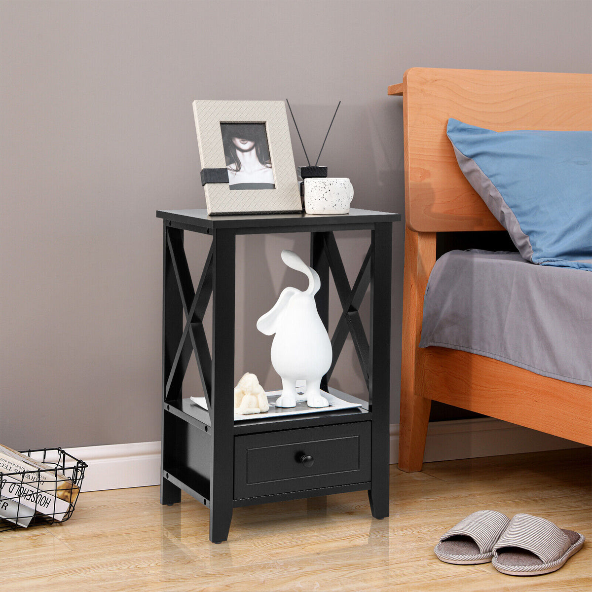2-Tier 16 x 14 Inch Multifunctional Nightstand with Storage Drawer-Black-Nightstands-DECOROLALA